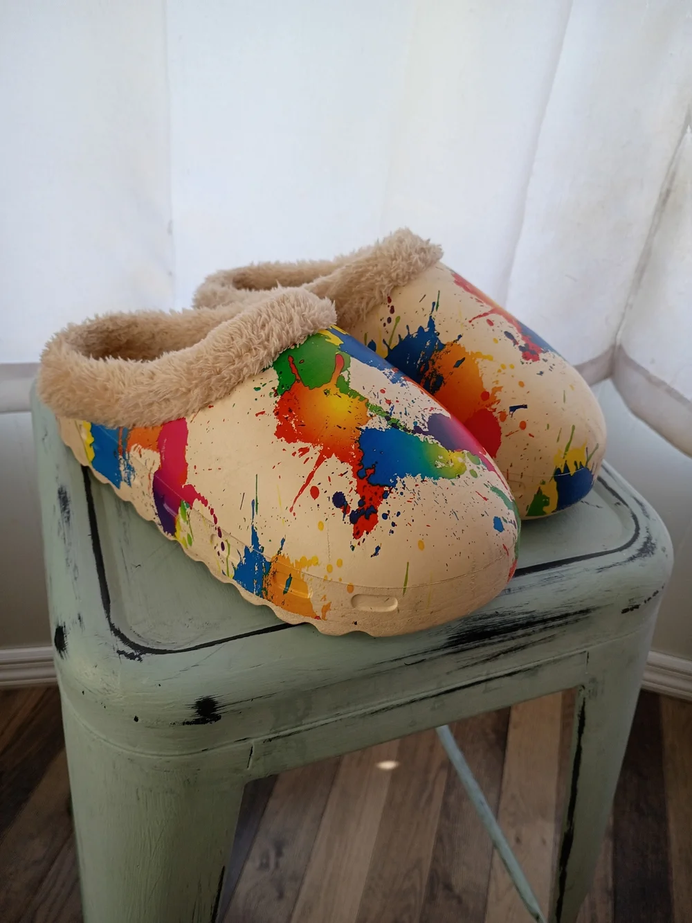 Men's Winter Style Fuzzy Lined Paint Splatter Clog Slippers EU 35-36 Boys US 5-6